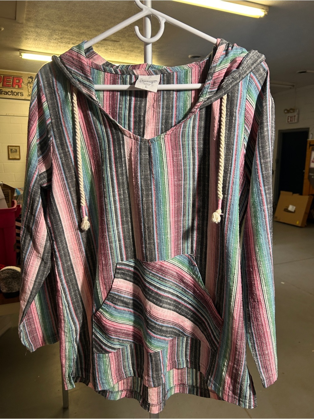 Vintage Baja Hoodie Striped Pullover Boho Hippie Surf Hoodie Drug Rug - Picture 3 of 9